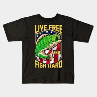 Live Free and Fish Hard Fishing Patriotic Fisher Kids T-Shirt